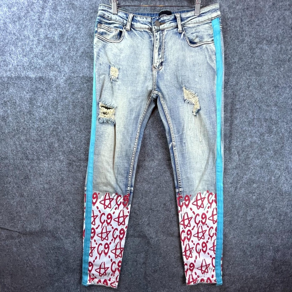 Cooper 9‎ Los Angeles Jeans Mens 32 Blue Graffiti Denim Distressed Streetwear